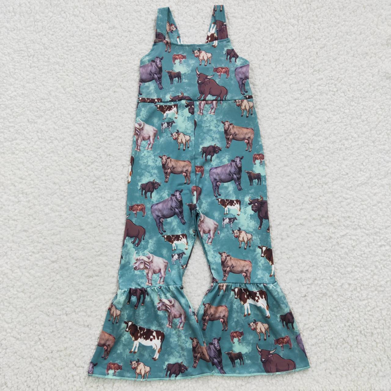 Sibling Baby Girls Kids Straps Western Cow Print Bell Pants Jumpsuits RTS