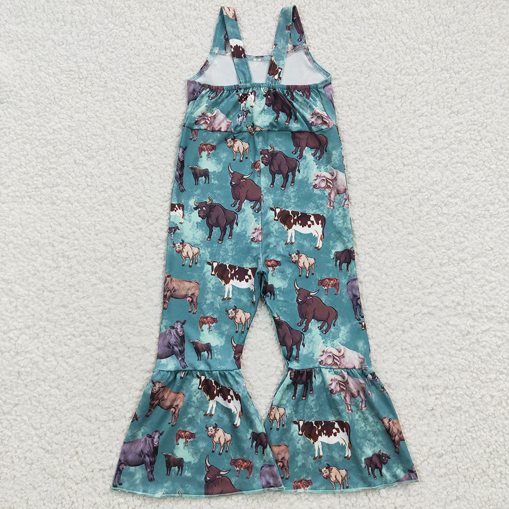 Sibling Baby Girls Kids Straps Western Cow Print Bell Pants Jumpsuits RTS