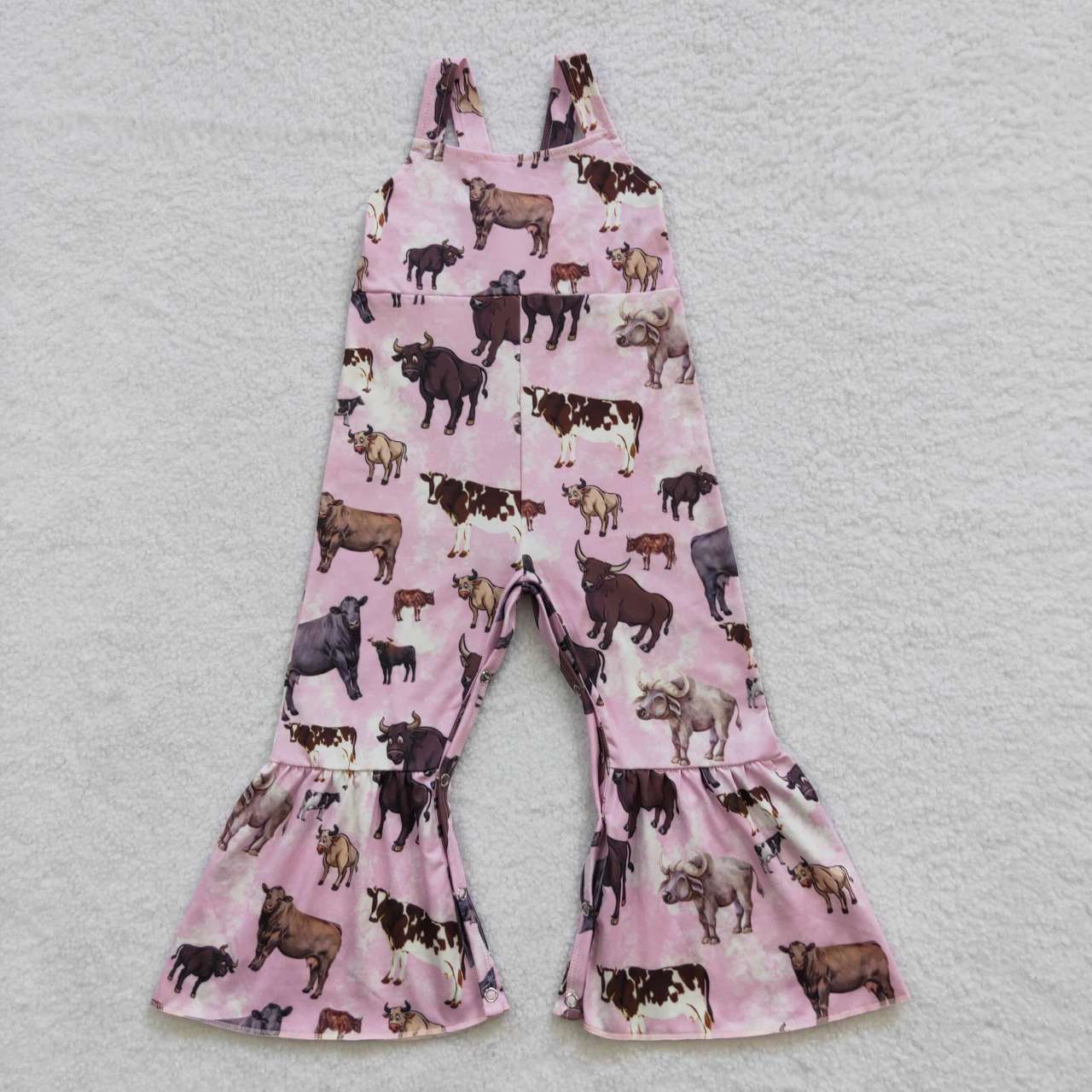 Sibling Baby Girls Kids Straps Western Cow Print Bell Pants Jumpsuits RTS