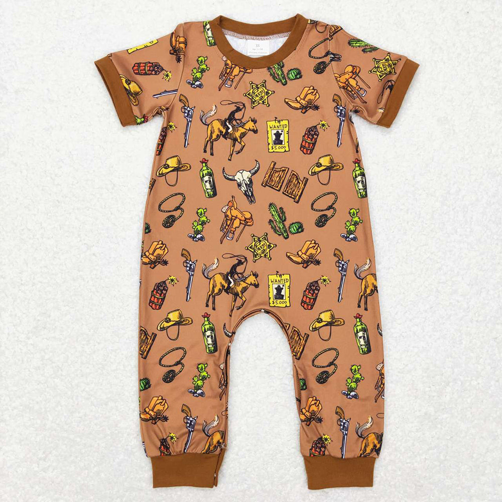 Baby Boy Infant Short Sleeves Western Cow Sibling Buttons Romper