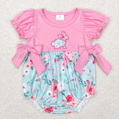 Baby Girl Short Sleeves Embroidery Easter Rabbits Flower Sibling Sister Romper Clothes Set