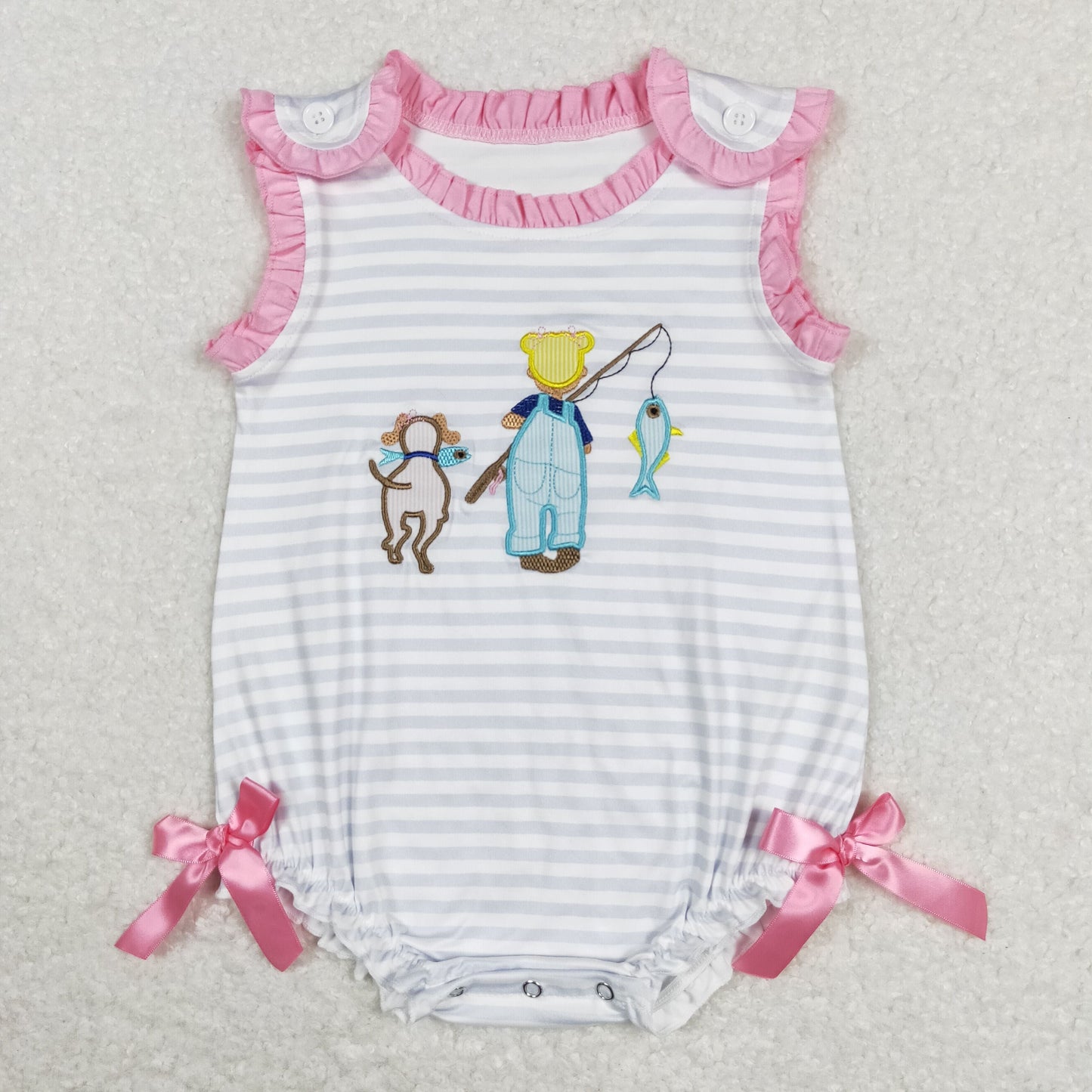 Sibling Baby Boys Girls Sleeveless Embroidery Fishing Stripes Rompers Set RTS