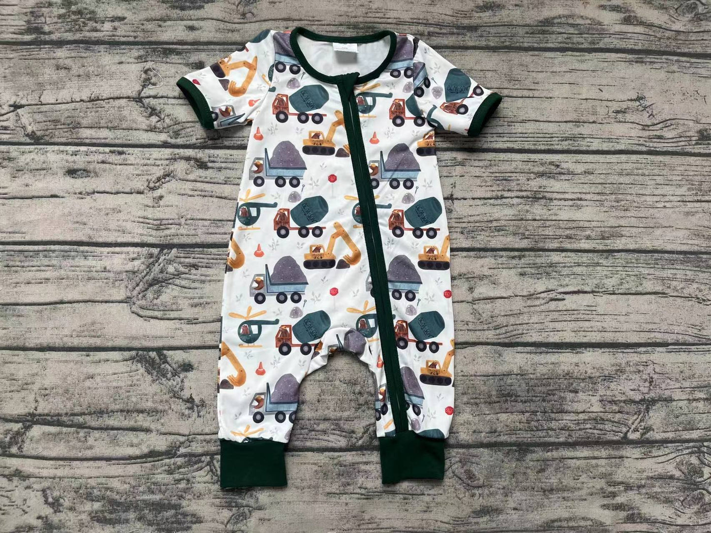 Baby Boy Short Sleeves Construction Zipper One Piece Romper