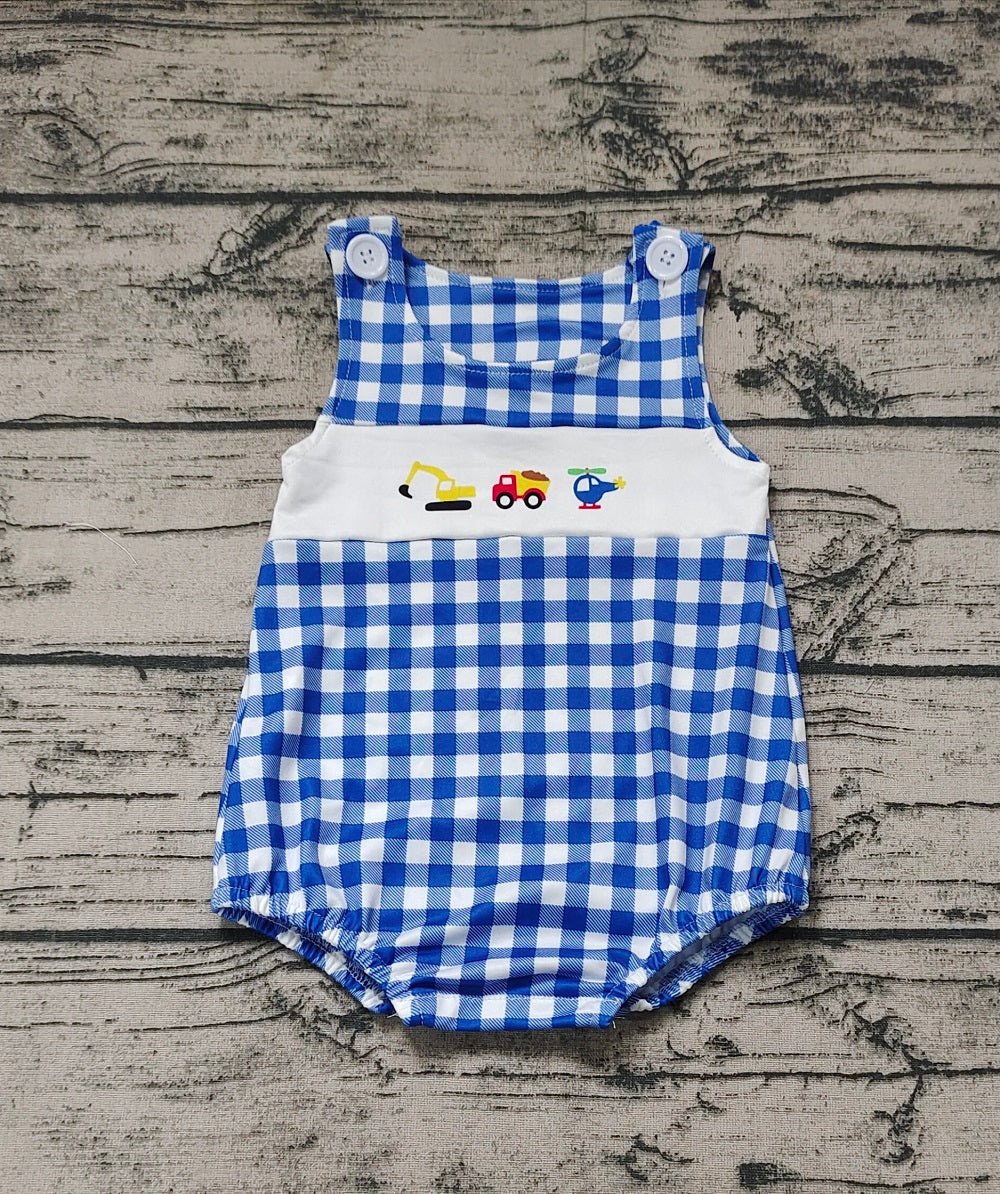 No moq Pre-order Baby Boy Constructions Blue Plaid Summer One Piece Romper