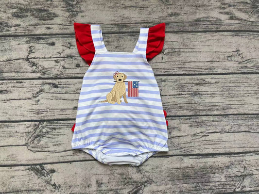 Pre-order Baby Girl Short Sleeves Dog July 4th Stripes Ruffle Bubble Summer One Piece Romper