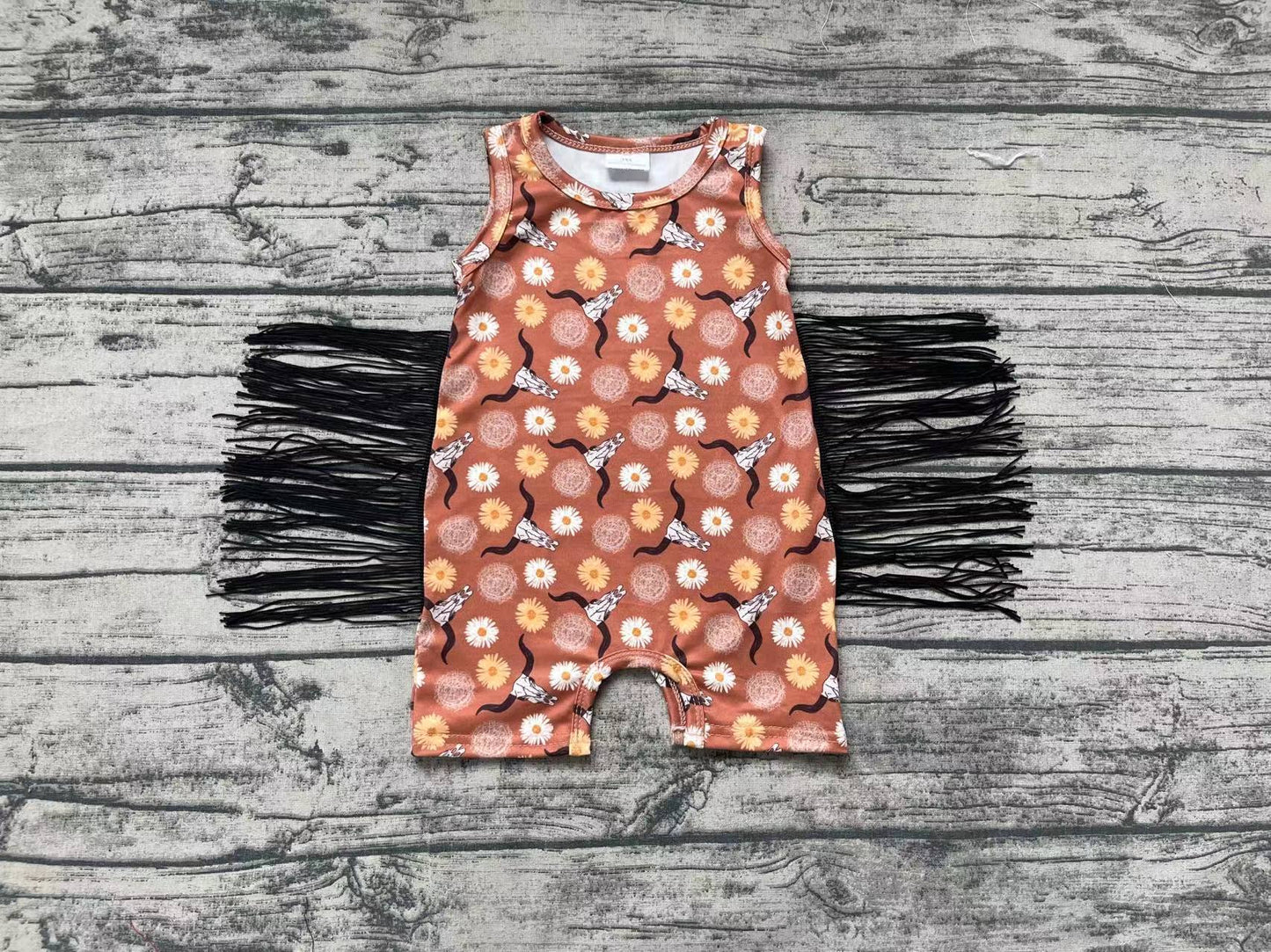 Baby Boy Sleeveless Floral Skull Western Summer One Piece Tassel Romper