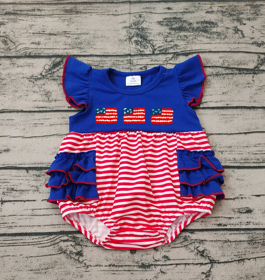 No moq Pre-order Baby Girl July 4th Flag Stripes One Piece Romper