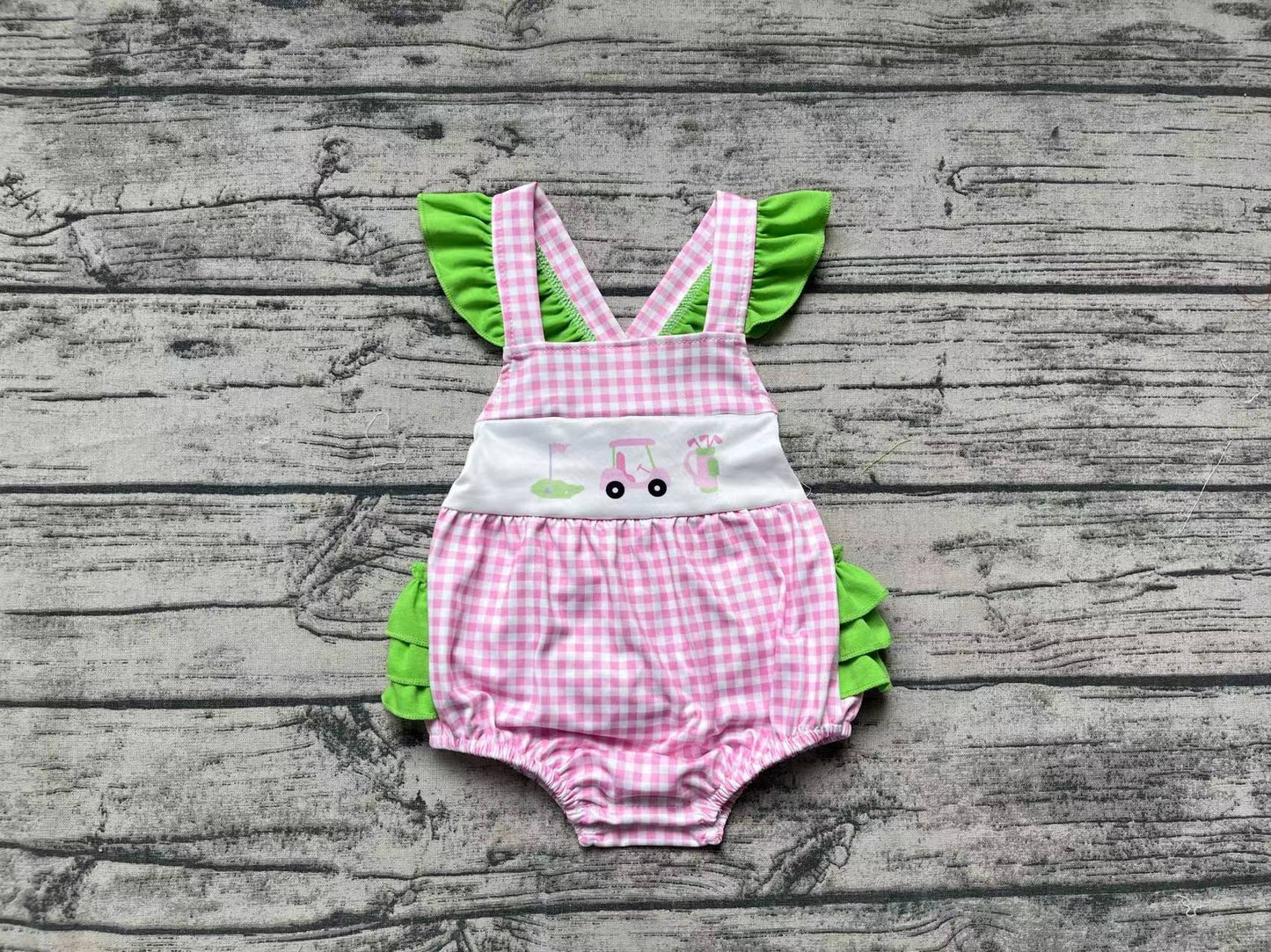 Baby Girl Golf Pink Checkered Ruffle Bubble Romper