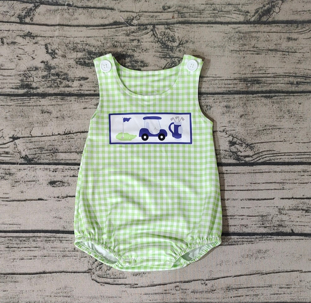 No moq Pre-order Baby Boy Sleeveless Golf Green Plaid One Piece Romper