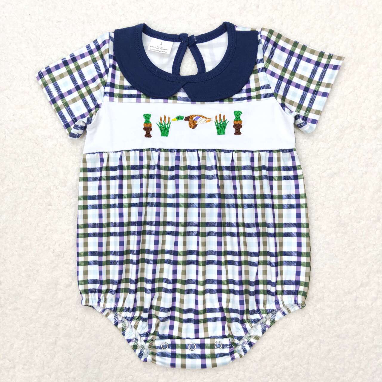Sibling Baby Boys Short Sleeves Embroidery Ducks Navy Plaid Romper Set Hunting Clothes RTS