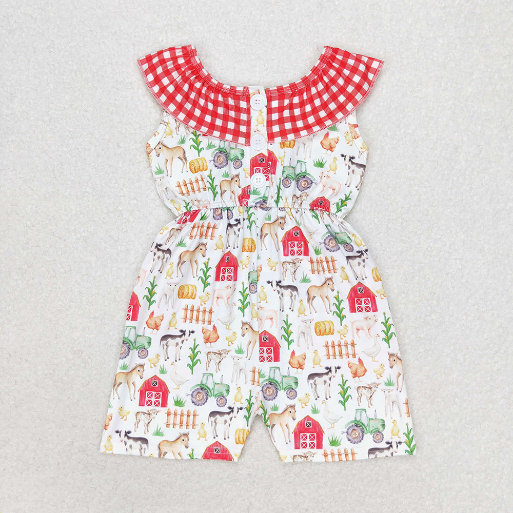 Baby Girl Toddle Farm Animals Ruffle Plaid Sibling Summer Romper Jumpsuit RTS
