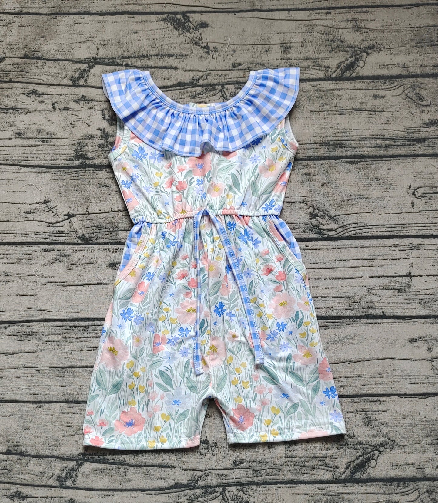 Baby Girl Flower Blue Plaid Shorts Jumpsuit