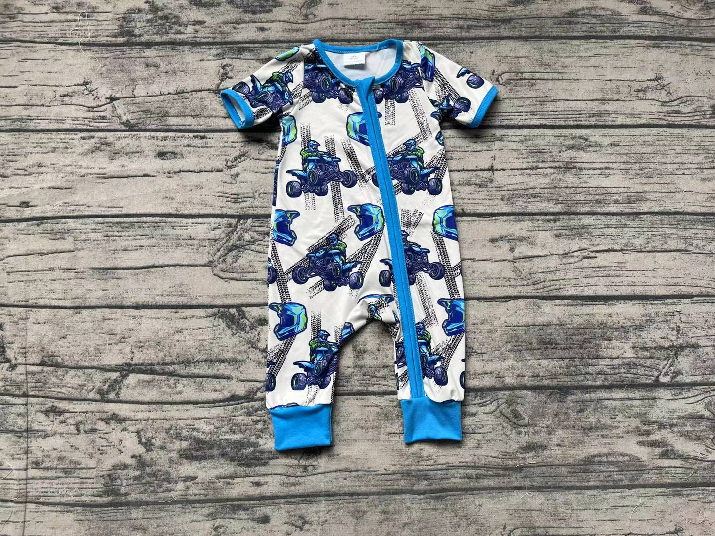 Baby Boy Blue Motobike Short Sleeves Zipper Romper