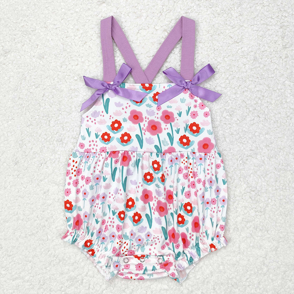 Baby Girl Sleeveless Flower Purple Bubble Romper