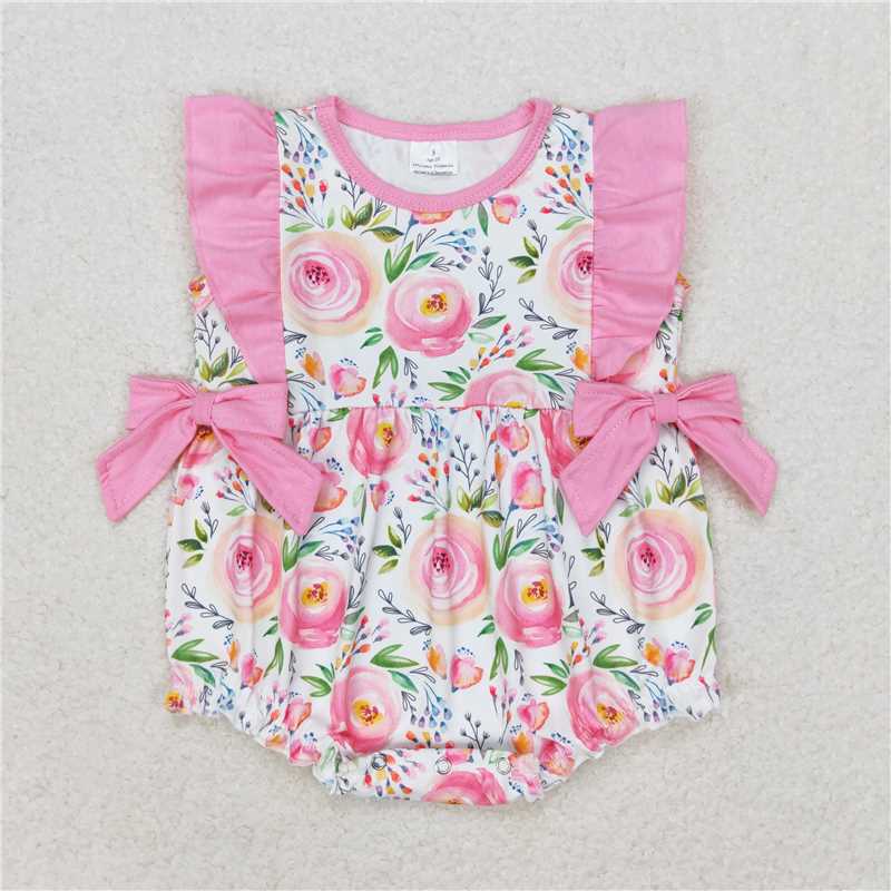 Baby Girl Short Sleeves Flower Pink Bows Sibling Dress Romper Set Clothes RTS