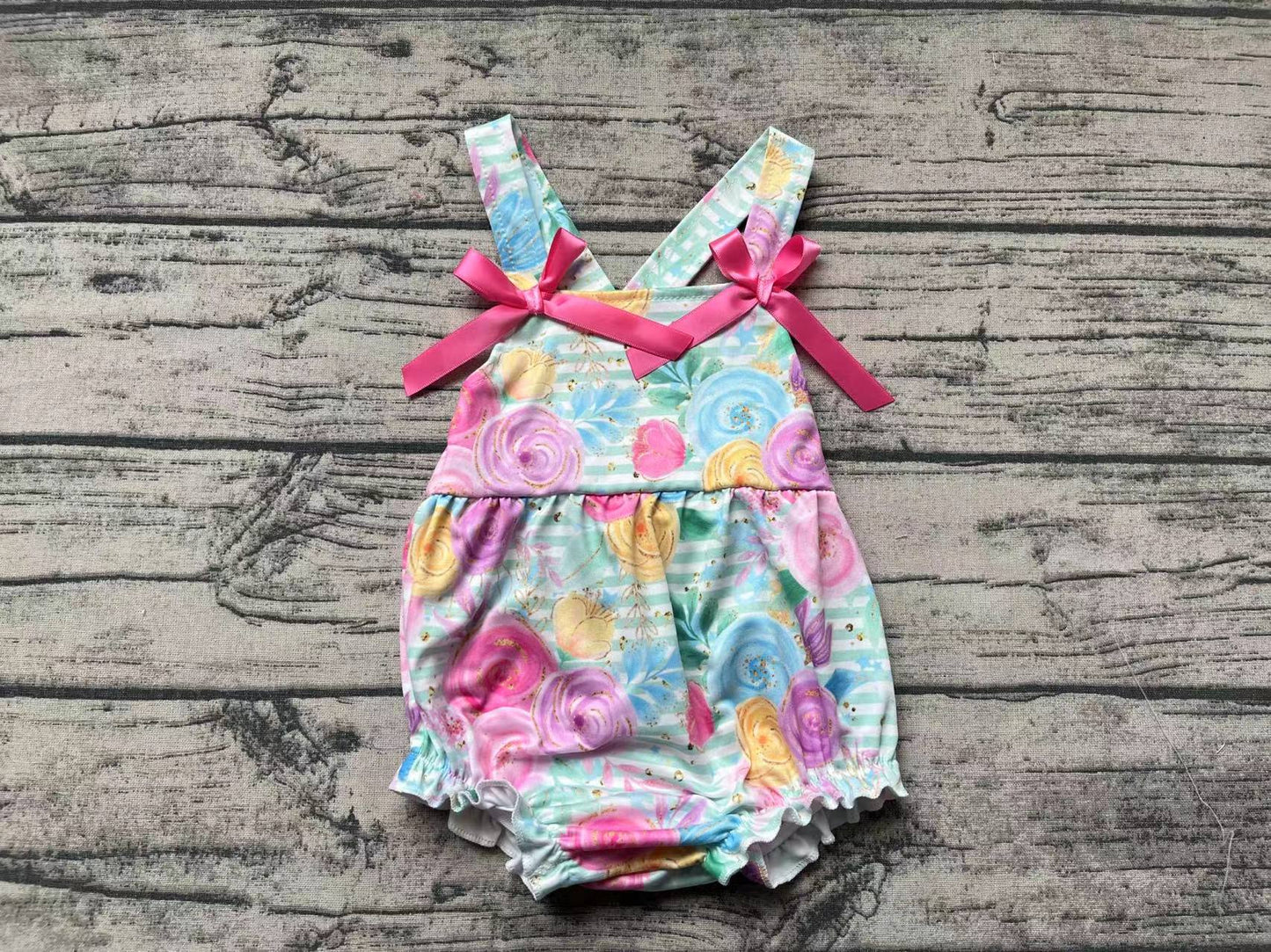 Baby Girl Sleeveless Flower Stripes Bubble One Piece Romper