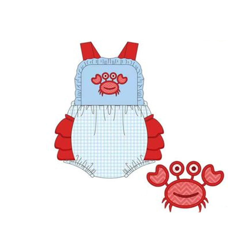 Moq 3 Pre-order Baby Girl Summer Crab Plaid Blue One Piece Romper