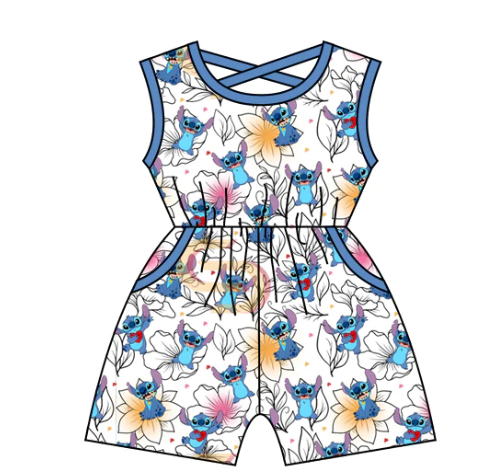 Moq 3 Pre-order Baby Girl Sleeveless Cartoon Floral Pocket Shorts Jumpsuit