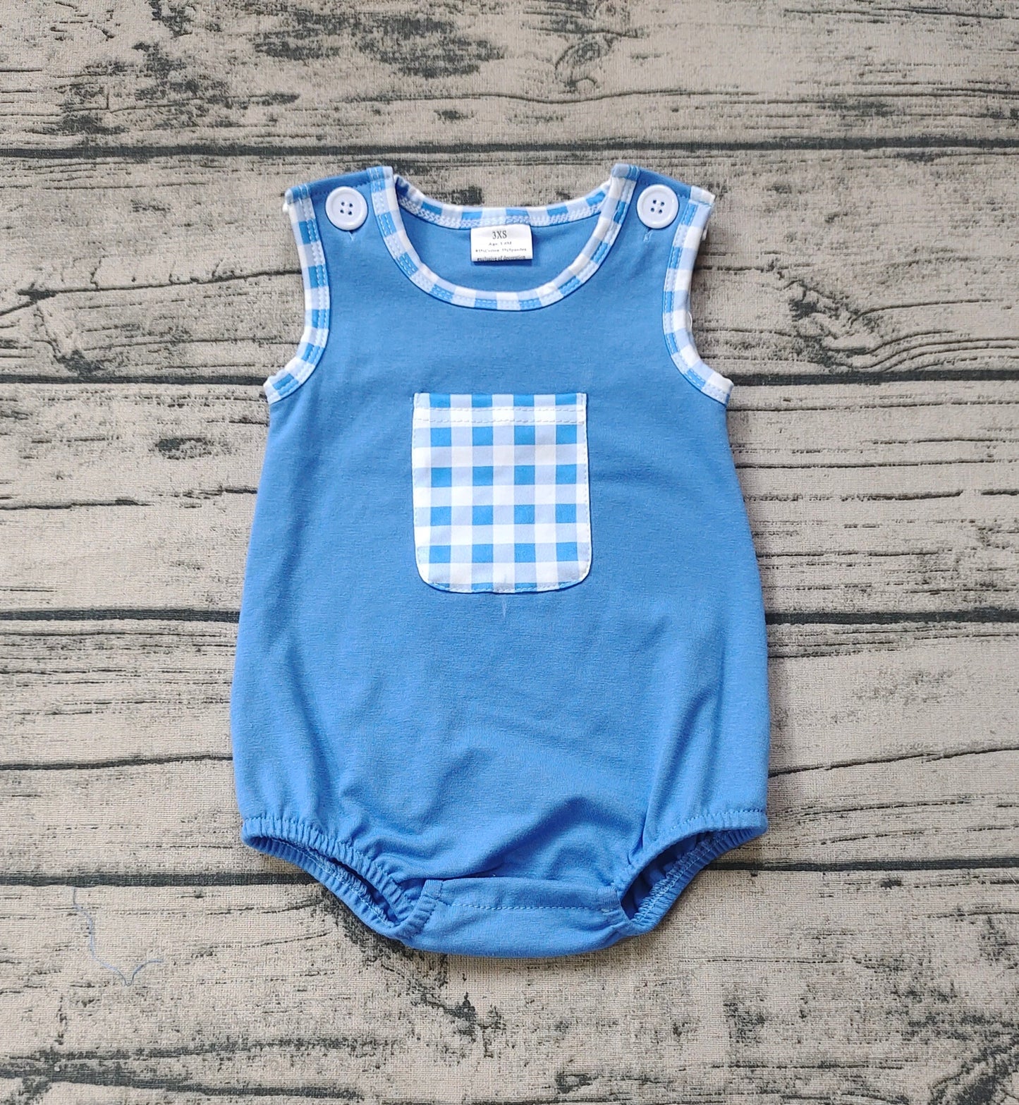 Baby Boy Blue Sleeveless Plaid Pocket Cotton Romper