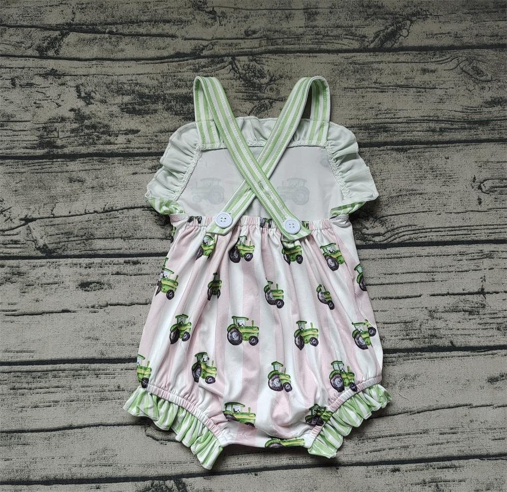 Baby Girl Sleeveless Tractors Stripes Bubble One Piece Romper