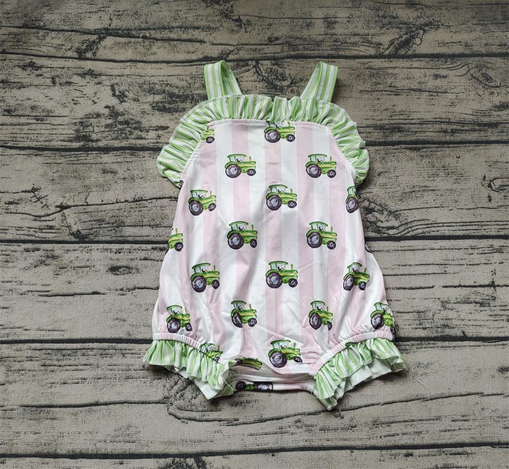 Baby Girl Sleeveless Tractors Stripes Bubble One Piece Romper