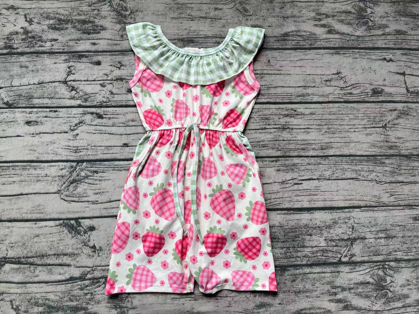 Baby Girl Strawberry Floral Plaid Pocket Summer Jumpsuit