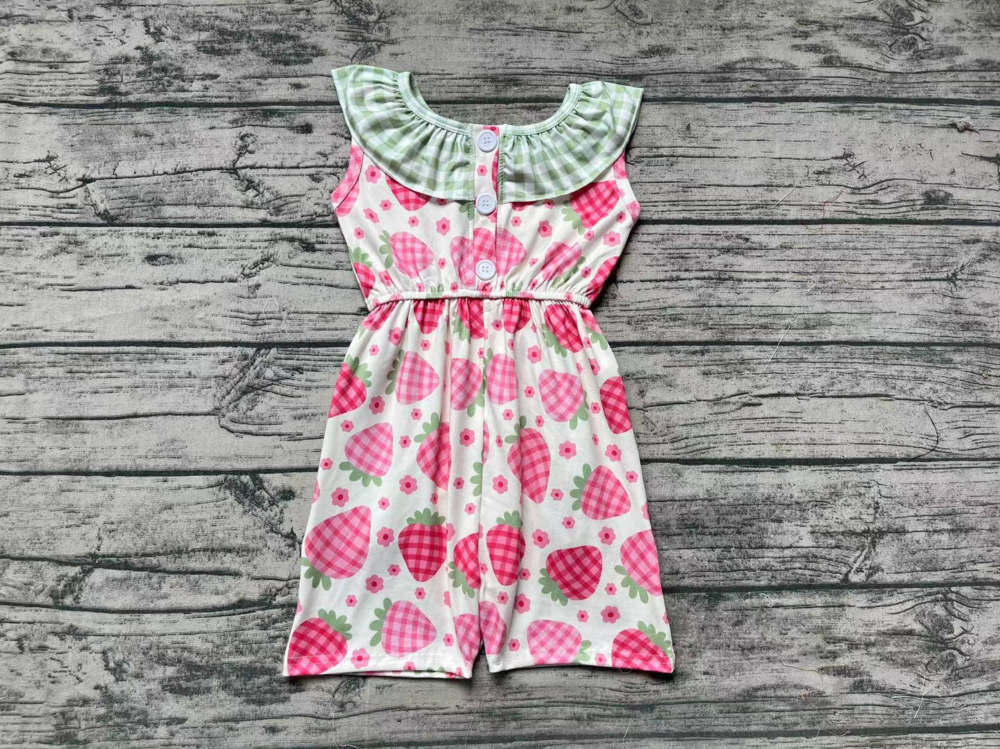 Baby Girl Strawberry Floral Plaid Pocket Summer Jumpsuit