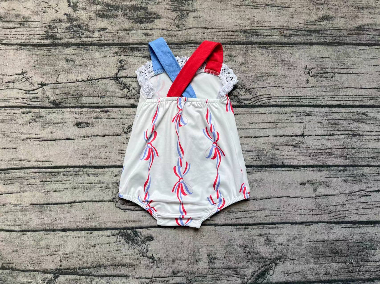 Baby Girl Blue Red Bows July 4th One Piece Romper