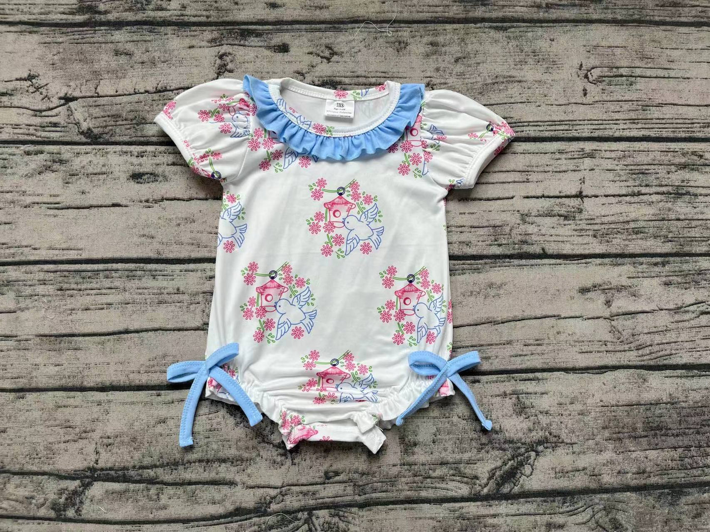 Baby Girl Short Sleeves Bird Floral Bubble One Piece Romper