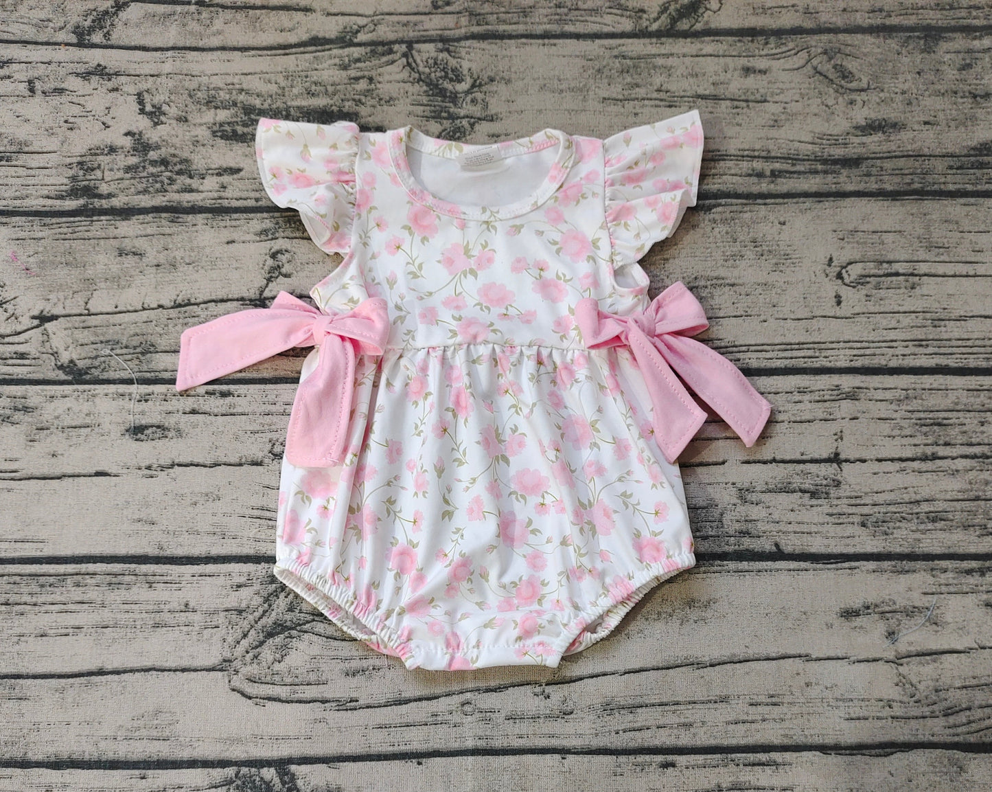 Baby Girl Short Sleeves Pink Flower Bubble One Piece Romper