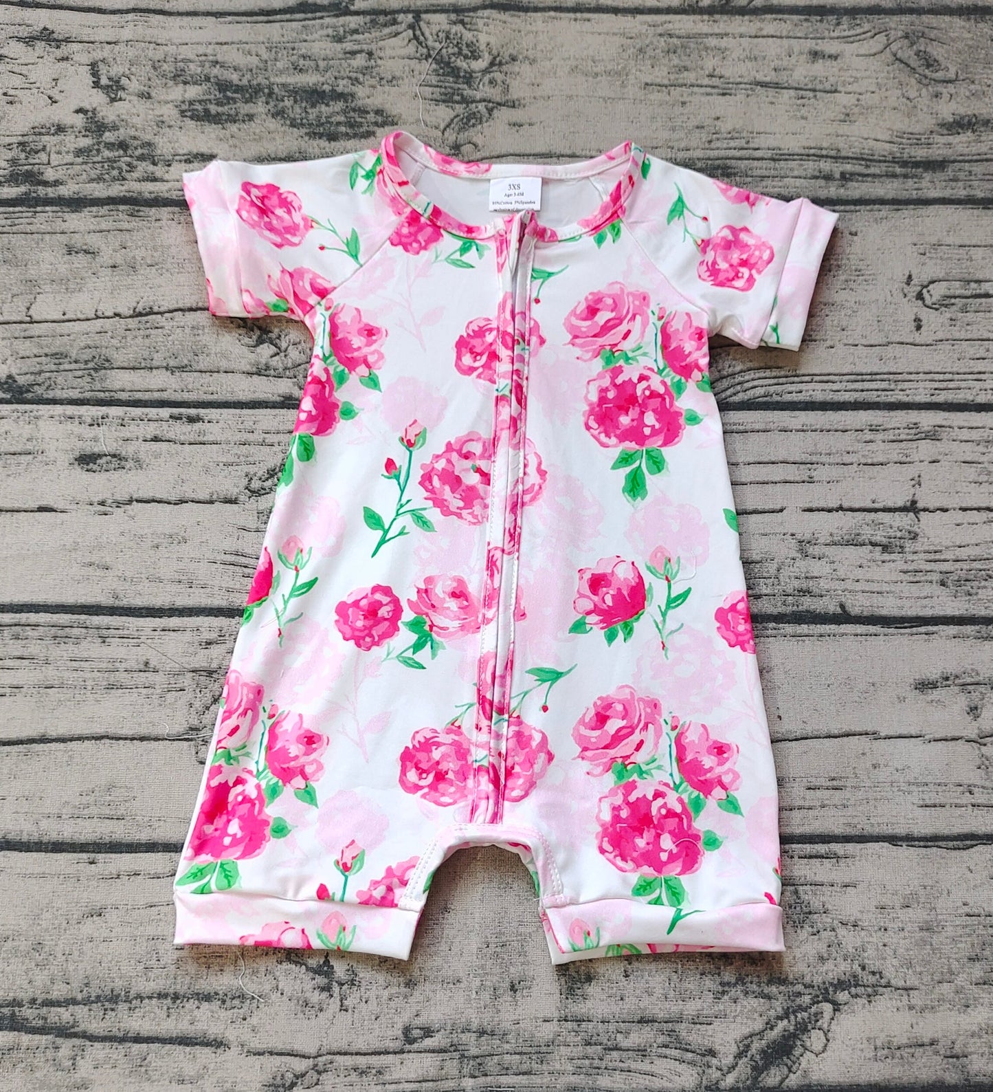 RTS Baby Girl Pink Flower Zipper Short Sleeves Romper