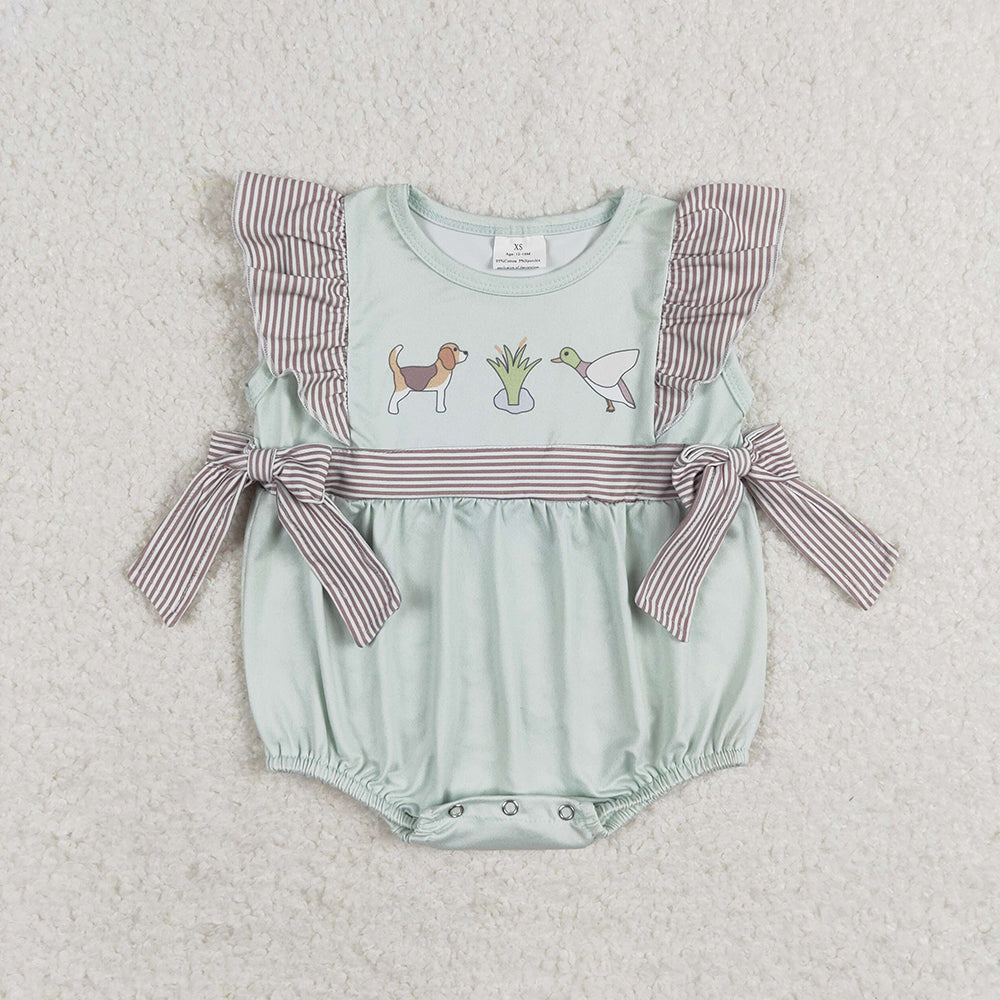 Baby Girl Short Sleeves Dog Duck Bows Hunting Bubble Romper RTS