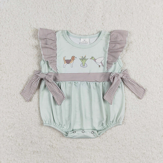 Baby Girl Short Sleeves Dog Duck Bows Hunting Bubble Romper RTS