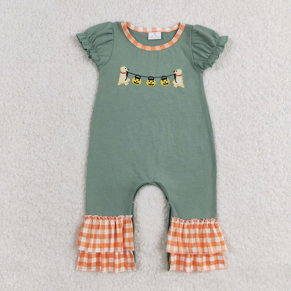 Baby Boy Girl Short Sleeves Embroidery Halloween Dogs Pumpkin Sibling Romper Clothes Set