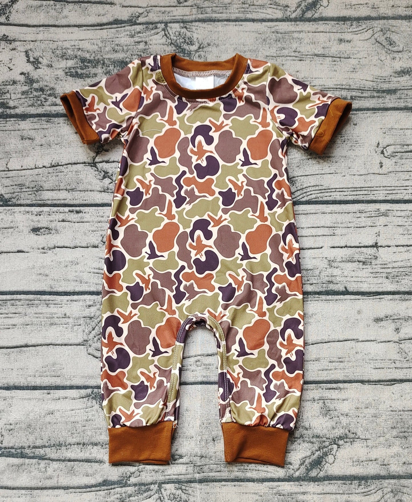 Baby Boy Short Sleeves Ducks Camo Brown Romper