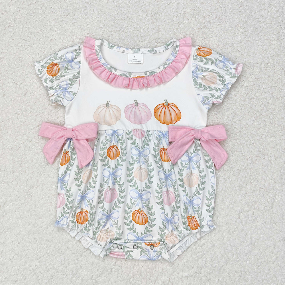 Baby Girl Short Sleeves Pumpkin Bows Bubble Romper