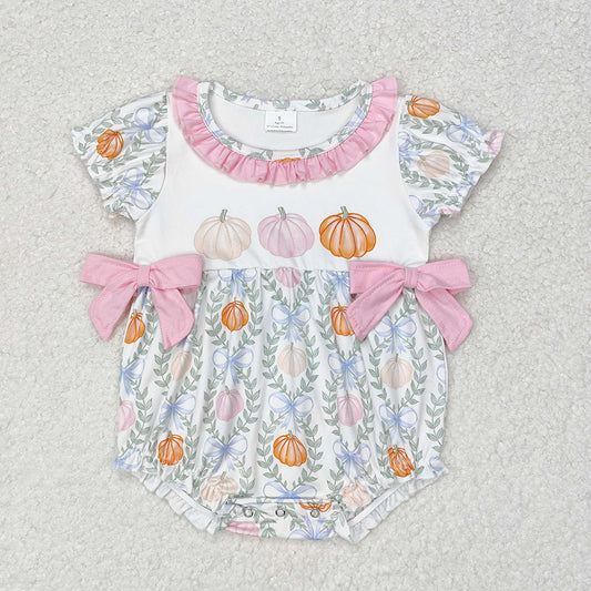 Baby Girl Short Sleeves Pumpkin Bows Bubble Romper