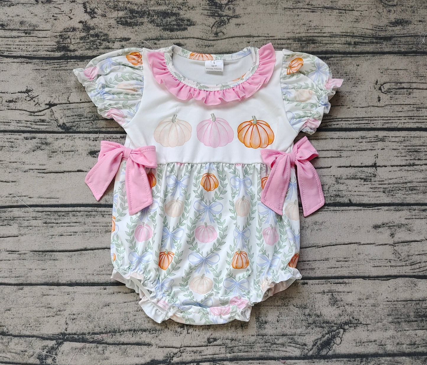 Baby Girl Short Sleeves Pumpkin Bows Bubble Romper