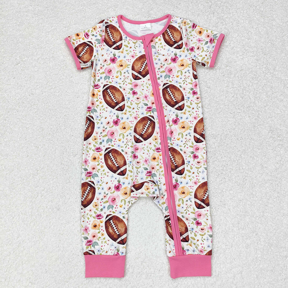 Baby Girl Short Sleeves Football Flower Zipper Romper