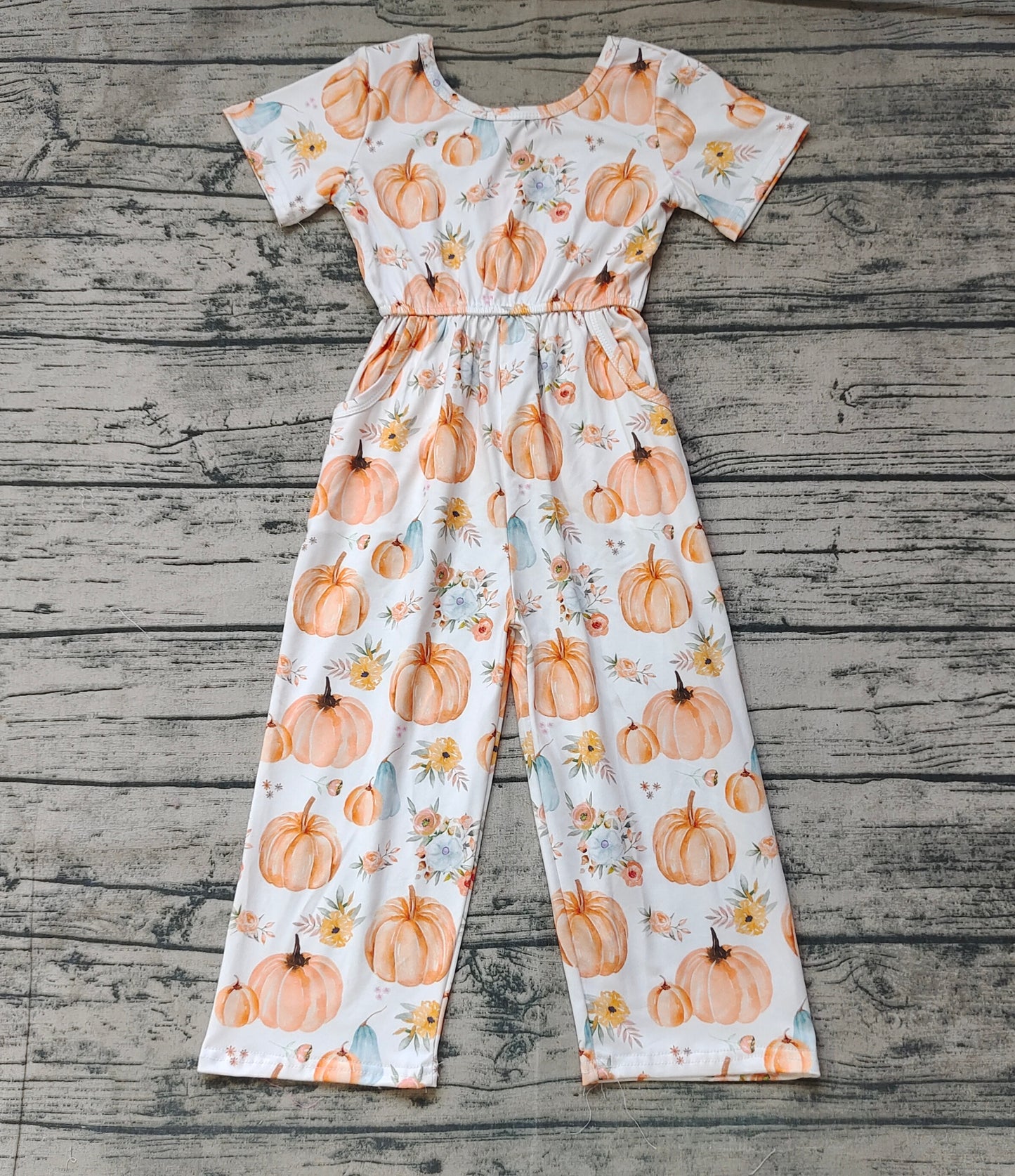 Baby Girl Short Sleeves Fall Pumpkin Flower Pocket Pants Jumpsuit