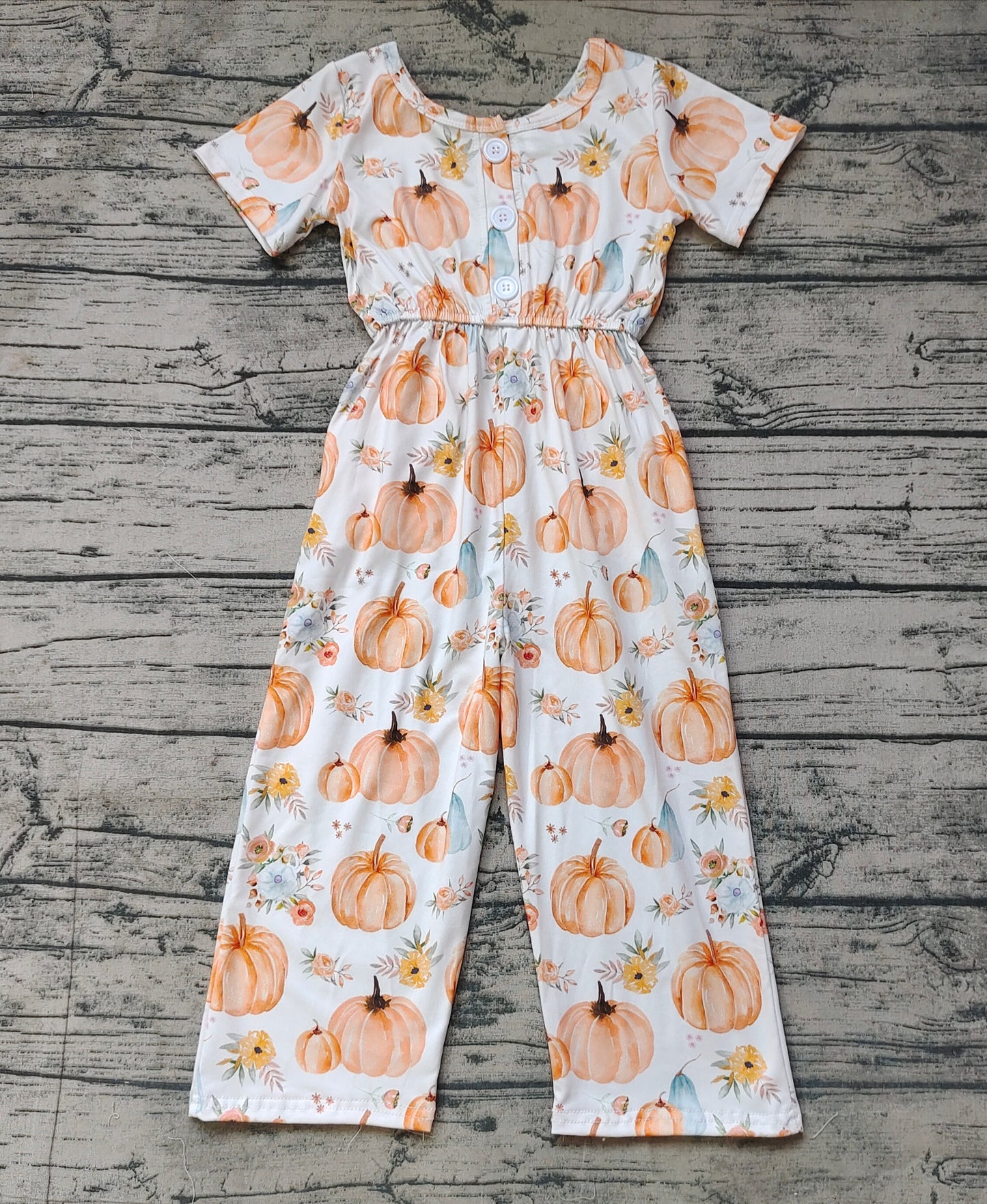 Baby Girl Short Sleeves Fall Pumpkin Flower Pocket Pants Jumpsuit