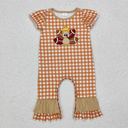 Sibling Baby Boys Girls Embroidery turkey Football Thanksgiving Rompers RTS