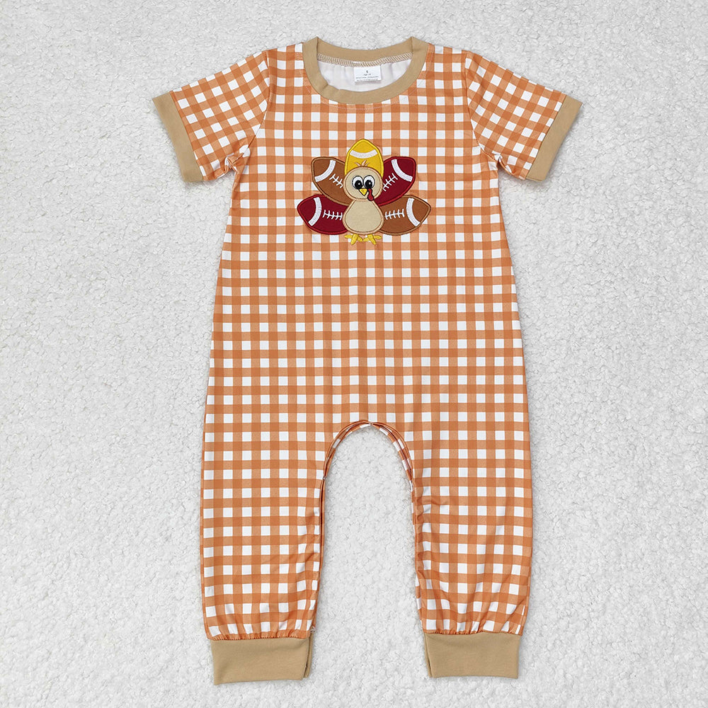 Baby Boy Short Sleeves Embroidery turkey Plaid Thanksgiving Romper