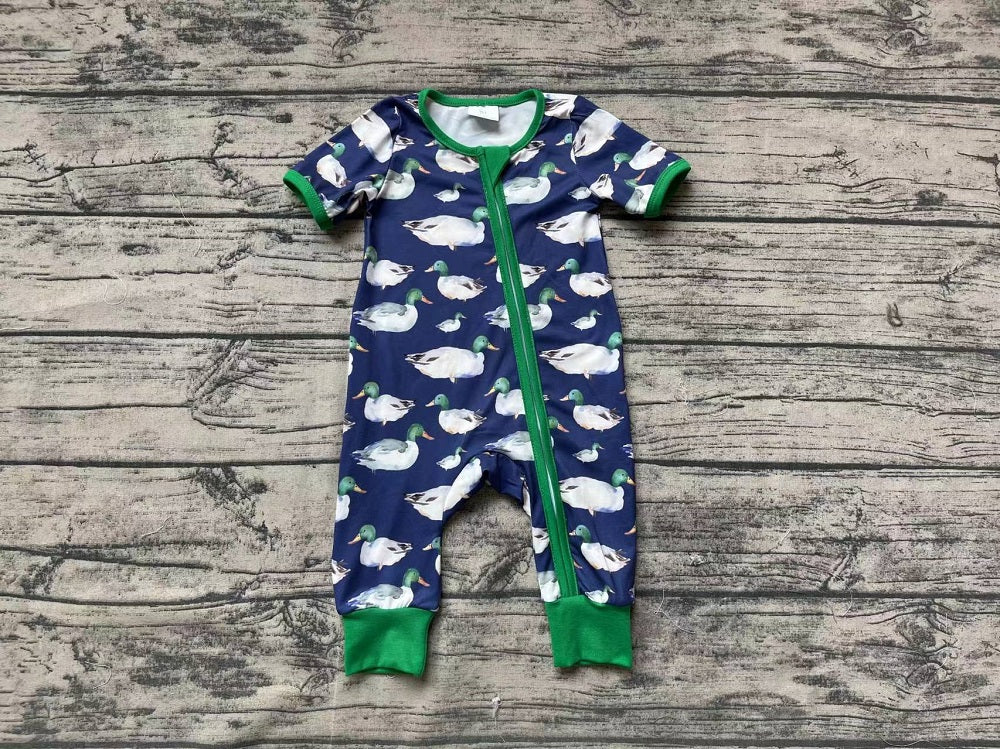 Baby Boy Short Sleeves Ducks Zipper Green Romper