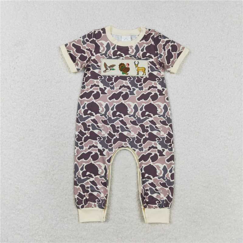 Baby Boy Short Sleeves Embroidery Ducks Deer Camo Sibling Hunting Romper Set RTS