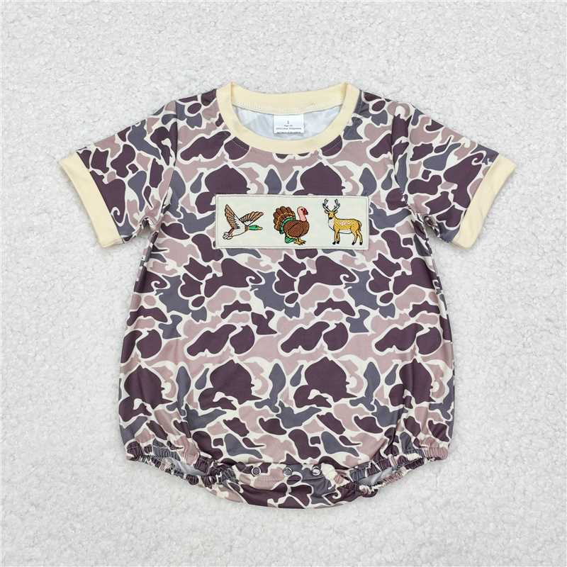 Baby Boy Short Sleeves Embroidery Ducks Deer Camo Sibling Hunting Romper Set RTS