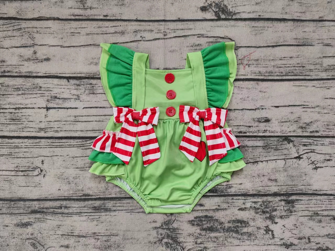 Pre-order Baby Infant Girls Christmas Green Hearts Ruffles Romper