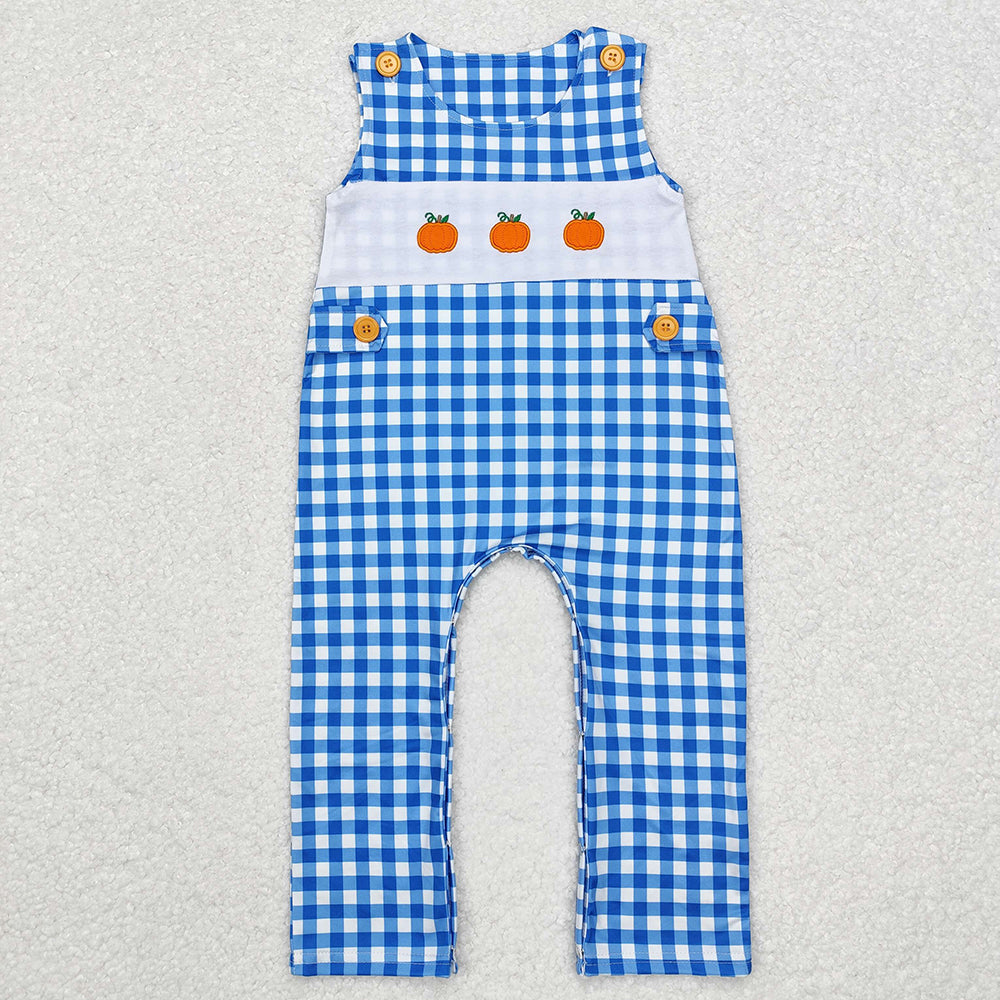 Baby Boy Girl Embroidery Pumpkin Sibling Blue Plaid Romper Dress Set