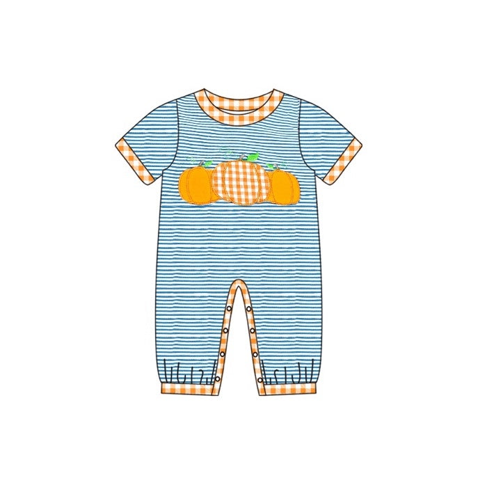 Pre-order Baby Boy Short Sleeves Blue Stripes Pumpkin Fall Romper