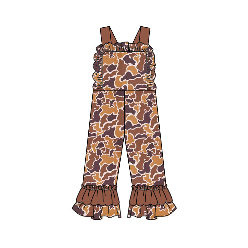 Pre-order Baby Girl Kids Toddler Brown Camo Straps Ruffle Jumpsuit